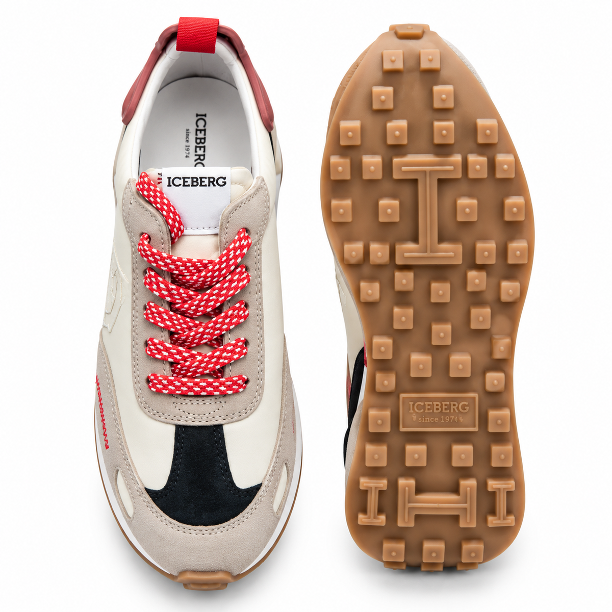 ICEBERG Herren Sneaker Gr. 42 Weiß Beige Schwarz Rot Designer Schuhe Retro