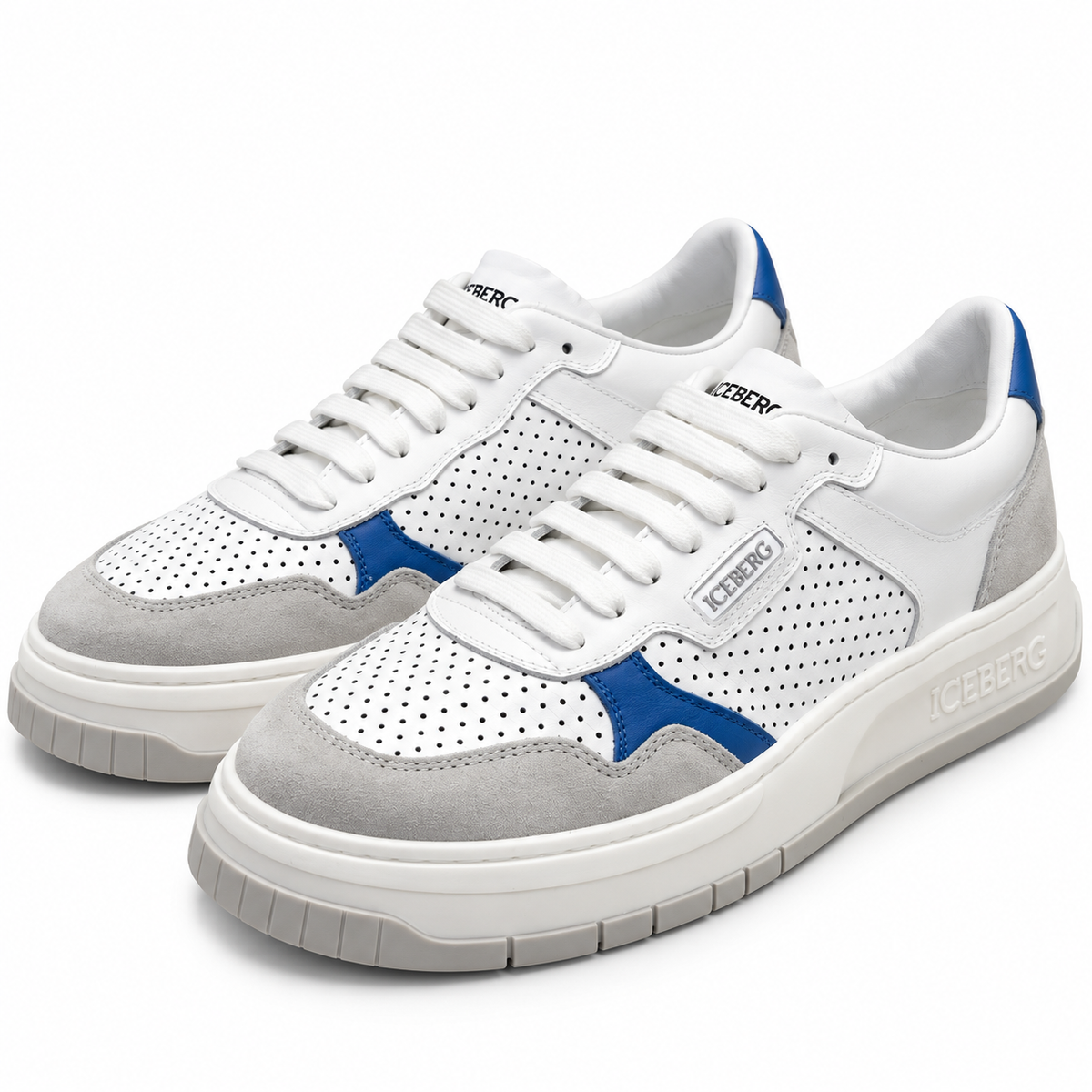 ICEBERG Herren Sneaker Weiß Blau Grau Designer Schuhe Low Top  Gr. 42