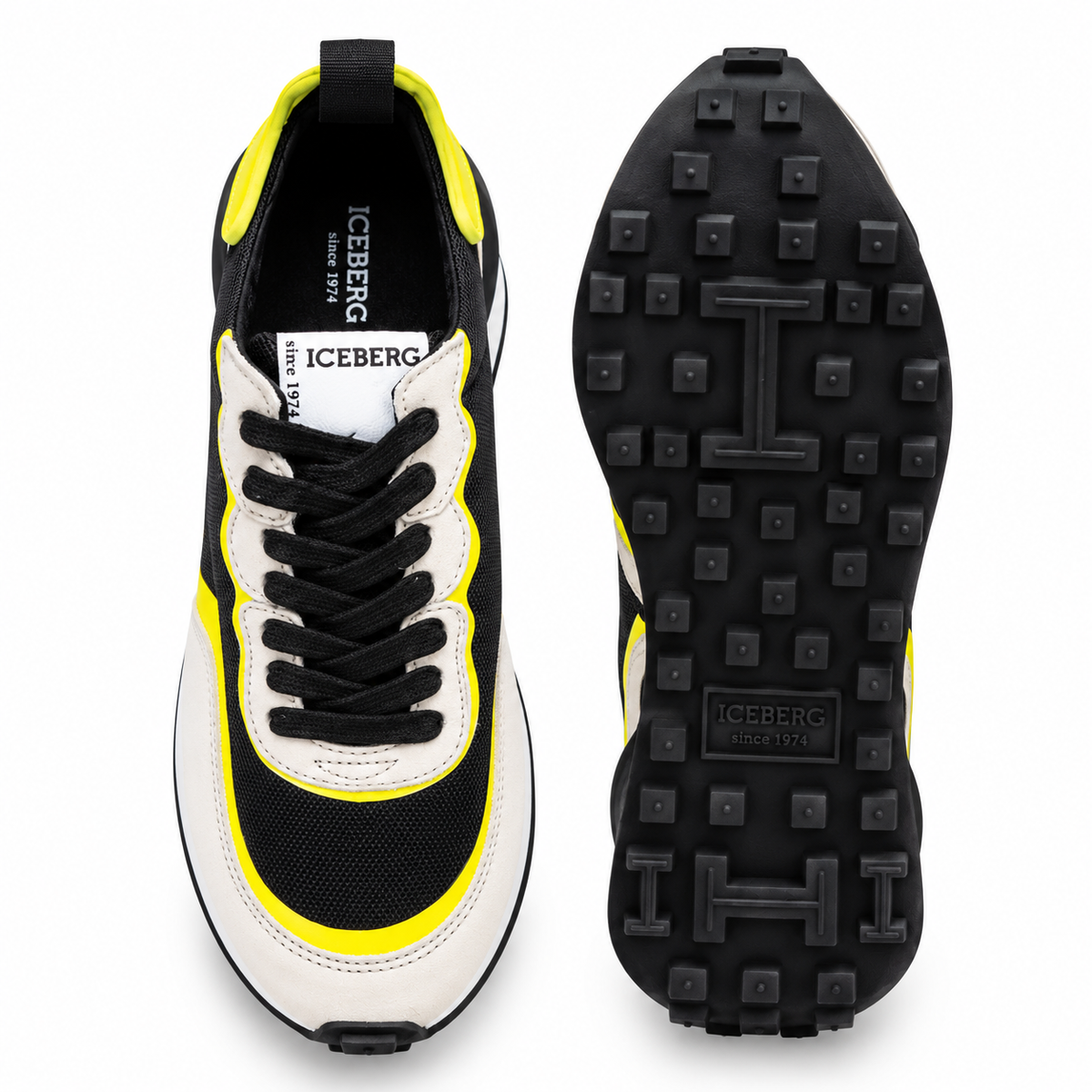 ICEBERG Herren Sneaker Gr. 42 Schwarz Weiß Neongelb Designer Schuhe