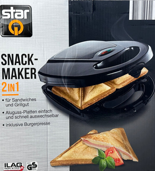 Sta rQ Snack Maker 2in1 Sandwich Grill Brot 760 Watt inkl. Burgerpresse