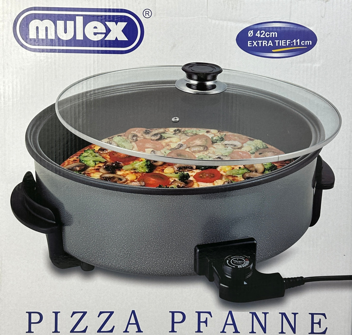 Mulex Pizzapfanne 36-42cm Ø mit Glasdeckel Extra Tief 1500W Multipfanne