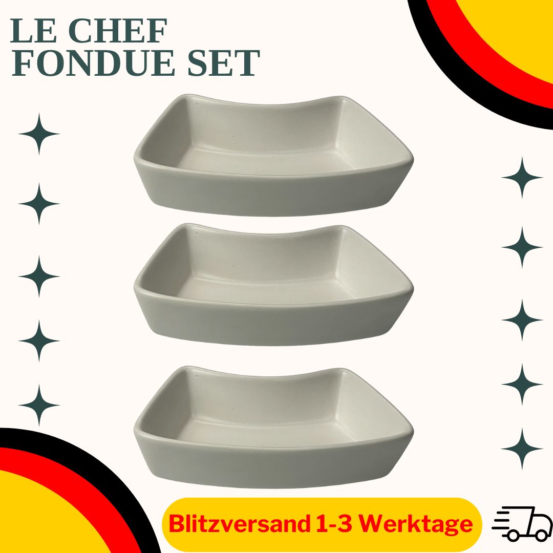 Le Chef Fondue Set Edelstahl mit Keramik Schüsseln & Drehbare Runde Platte