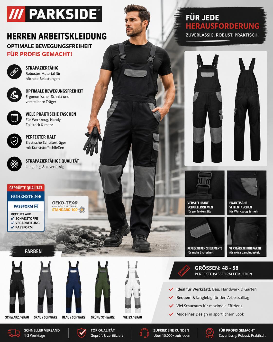Parkside Herren Arbeitskleidung Arbeitslatzhose Optimale Bewegungs Schwarz Grau Schulter träger