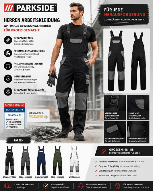 Parkside Herren Arbeitskleidung Arbeitslatzhose Optimale Bewegungs Schwarz Grau Schulter träger