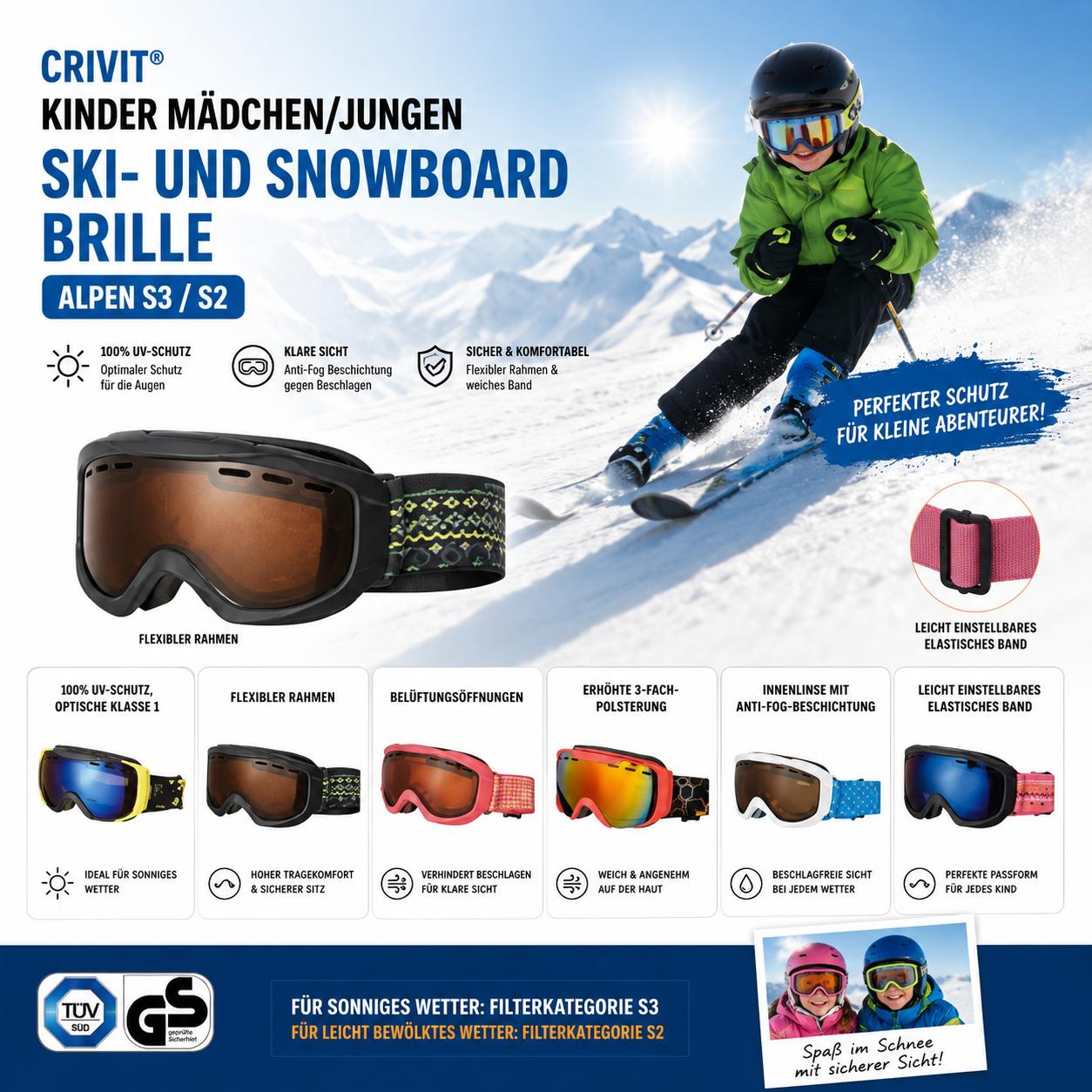 CRIVIT® Kinder Mädchen/Jungen Ski- und Snowboard Brille Alpen S3 / S2