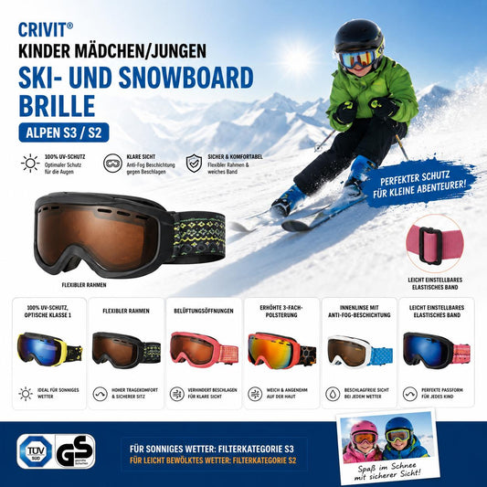 CRIVIT® Kinder Mädchen/Jungen Ski- und Snowboard Brille Alpen S3 / S2