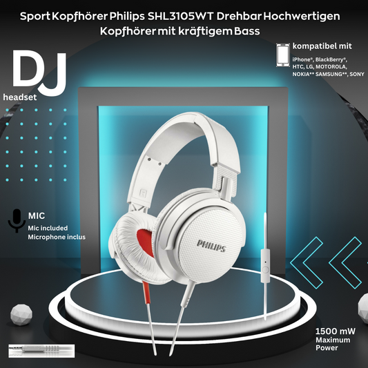 Sport Kopfhörer Philips  SHL3105WT  Drehbar Hochwertigen Kopfhörer mit  kräftigem Bass