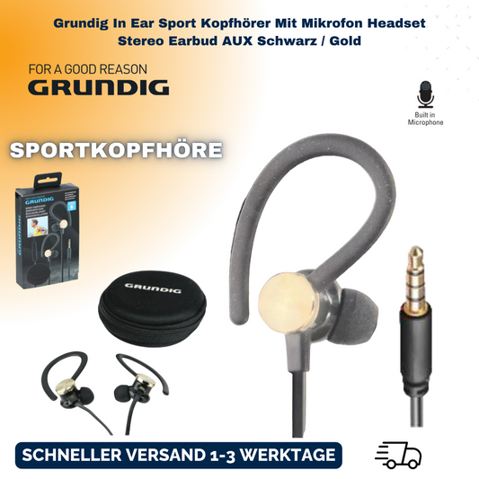 Grundig In Ear Sport Kopfhörer Mit Mikrofon Headset Stereo Earbud AUX Schwarz / Gold