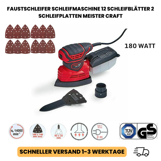 Faustschleifer Schleifmaschine 12 Schleifblätter 2 Schleifplatten MEISTER CRAFT