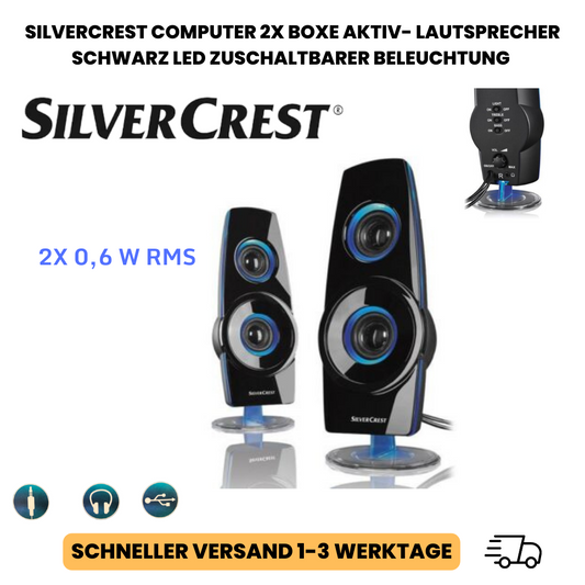 SilverCrest Computer 2x Boxe AKTIV Lautsprecher Schwarz LED zuschaltbarer Beleuchtung
