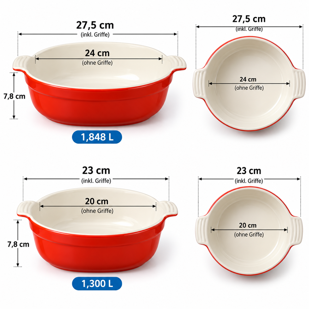 CROFTON Auflaufformen 2er Set Steinzeug Backform Ofenform Rot 20 & 24 cm