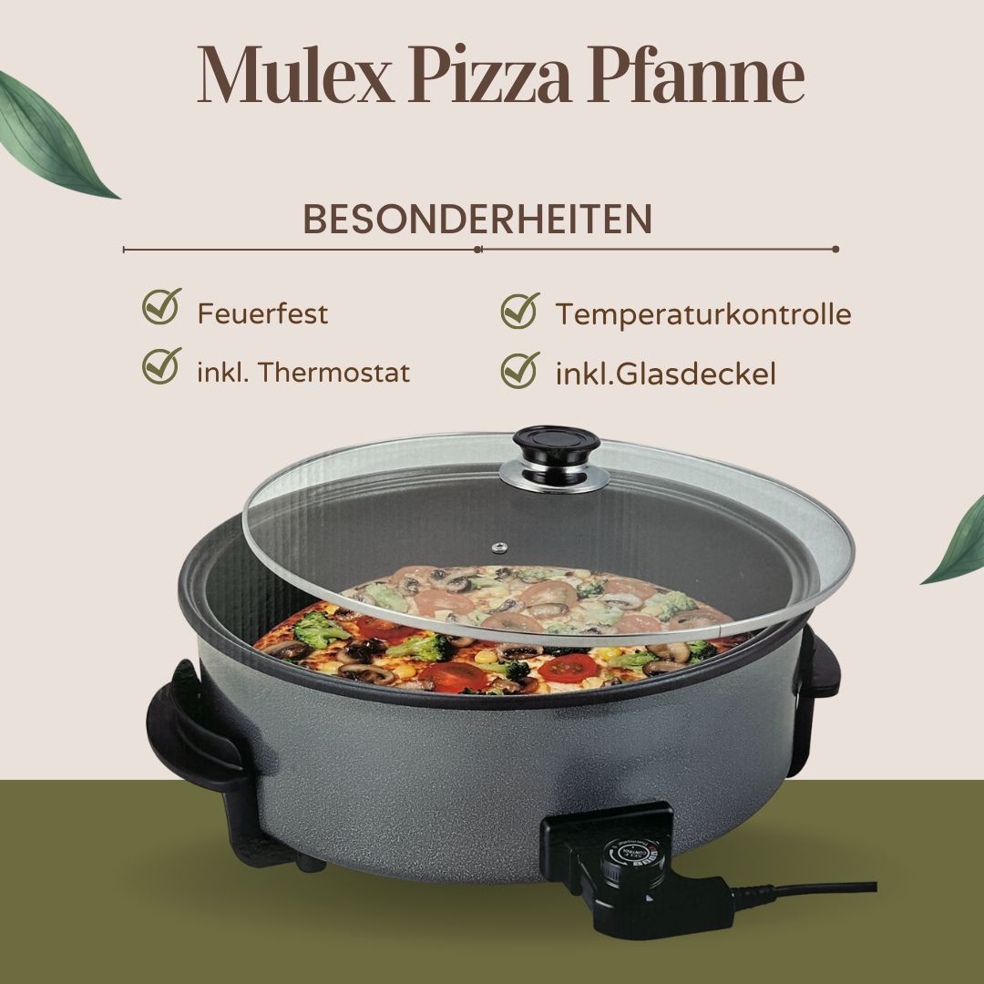 Mulex Pizzapfanne 36-42cm Ø mit Glasdeckel Extra Tief 1500W Multipfanne