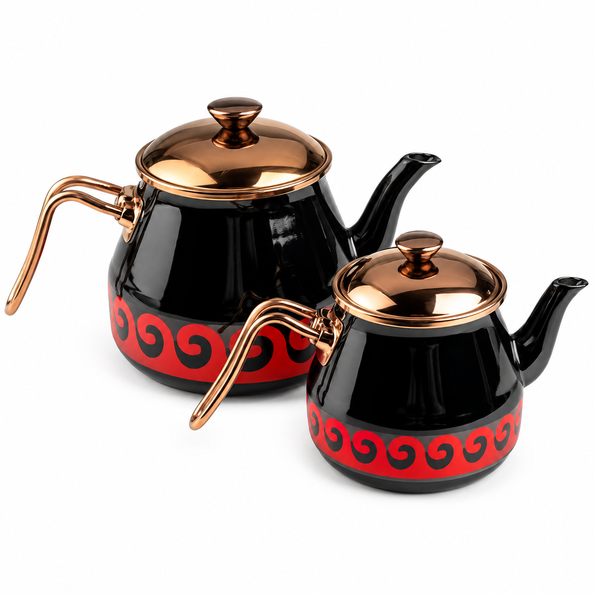 Türkische Teekanne Caydanlik 4-teilig Schwarz Gold 4,5L Induktion Emaille