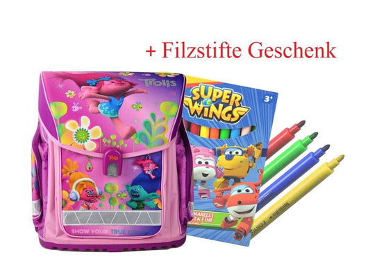 STYLEX  Schulranzen-Set 4-teilig Trolis, Schulranzen, Geldbörse, Sportbeutel, Faulenzer+Filzstifte