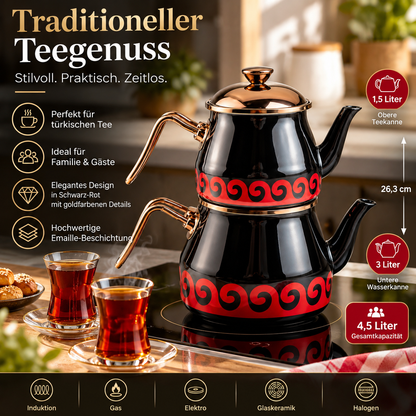 Türkische Teekanne Caydanlik 4-teilig Schwarz Gold 4,5L Induktion Emaille