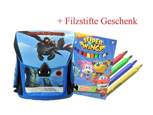 STYLEX Schulranzen-Set 4-teilig Dragons, Schulranzen, Geldbörse, Sportbeutel, Faulenzer