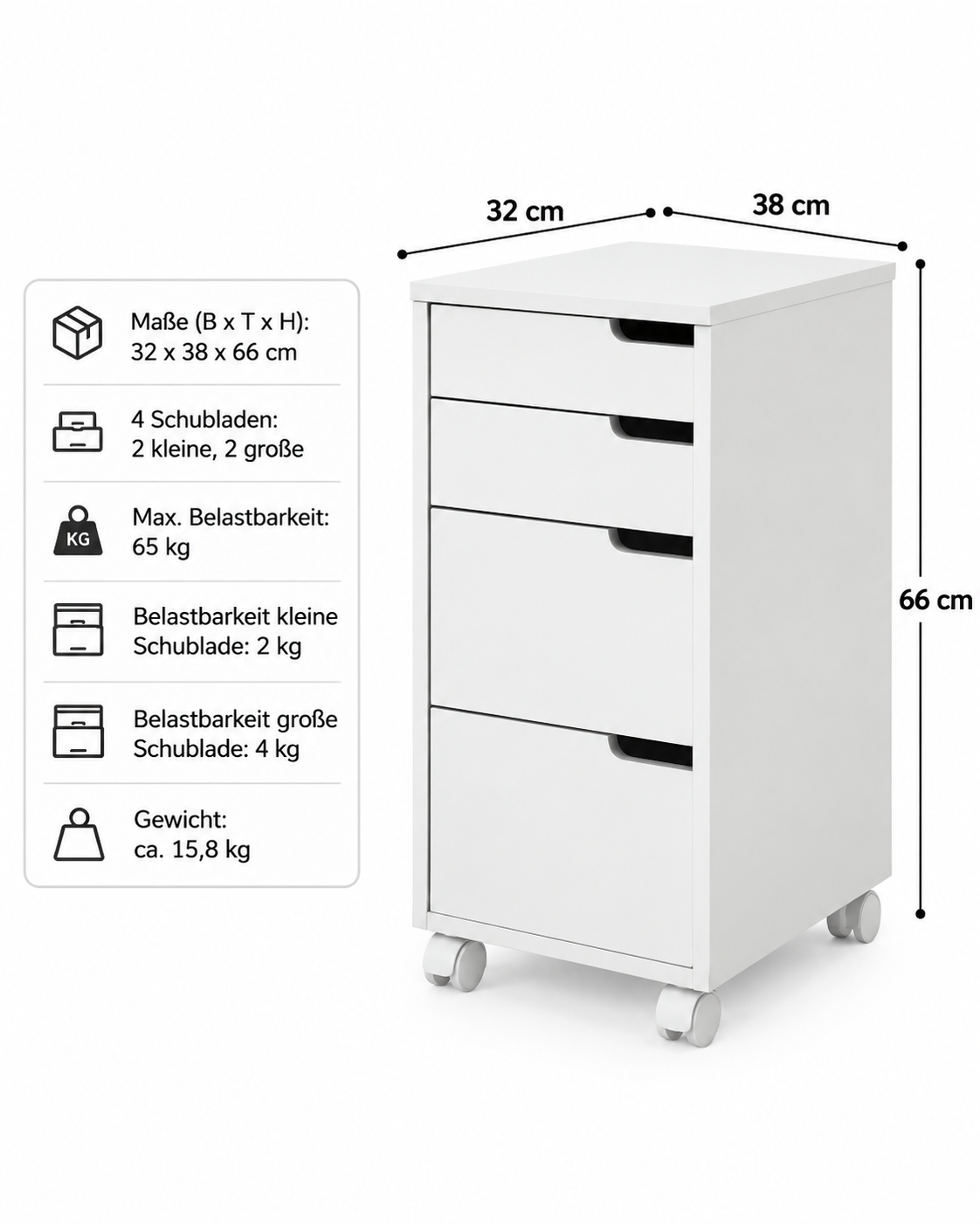 HOME CREATION Rollcontainer Weiß 4 Schubladen Rollcontainer Bürocontainer Schrank 32x38x66 cm