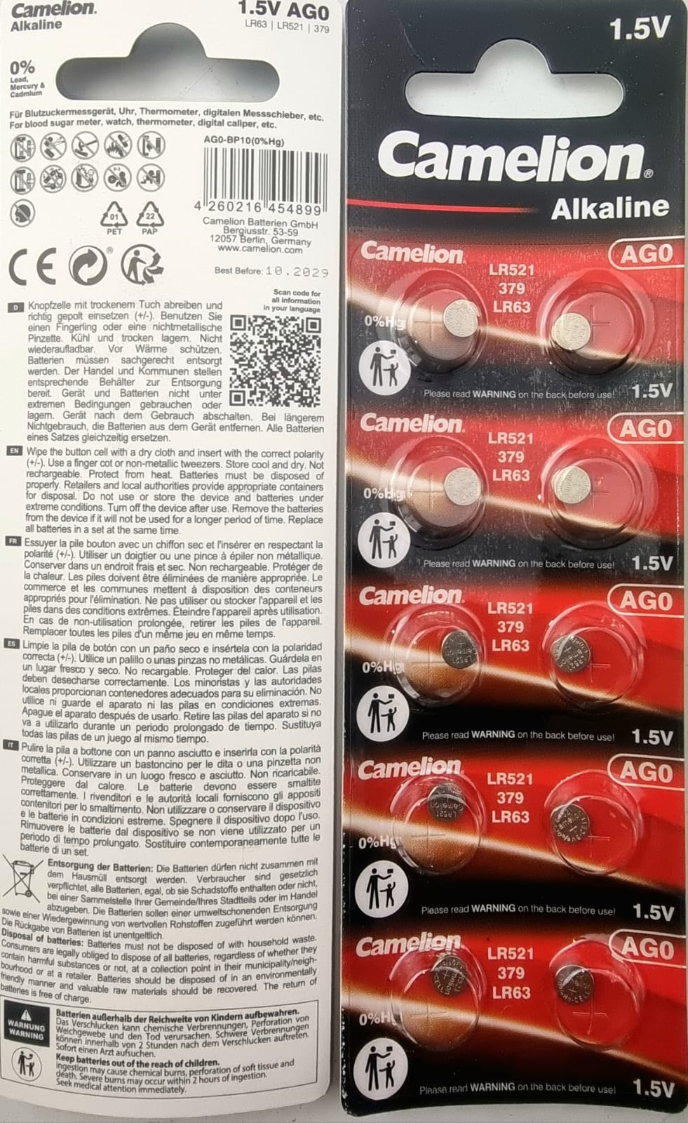 Camelion Alkaline Batterie AG0 LR521 LR63 379 1.5V  10X