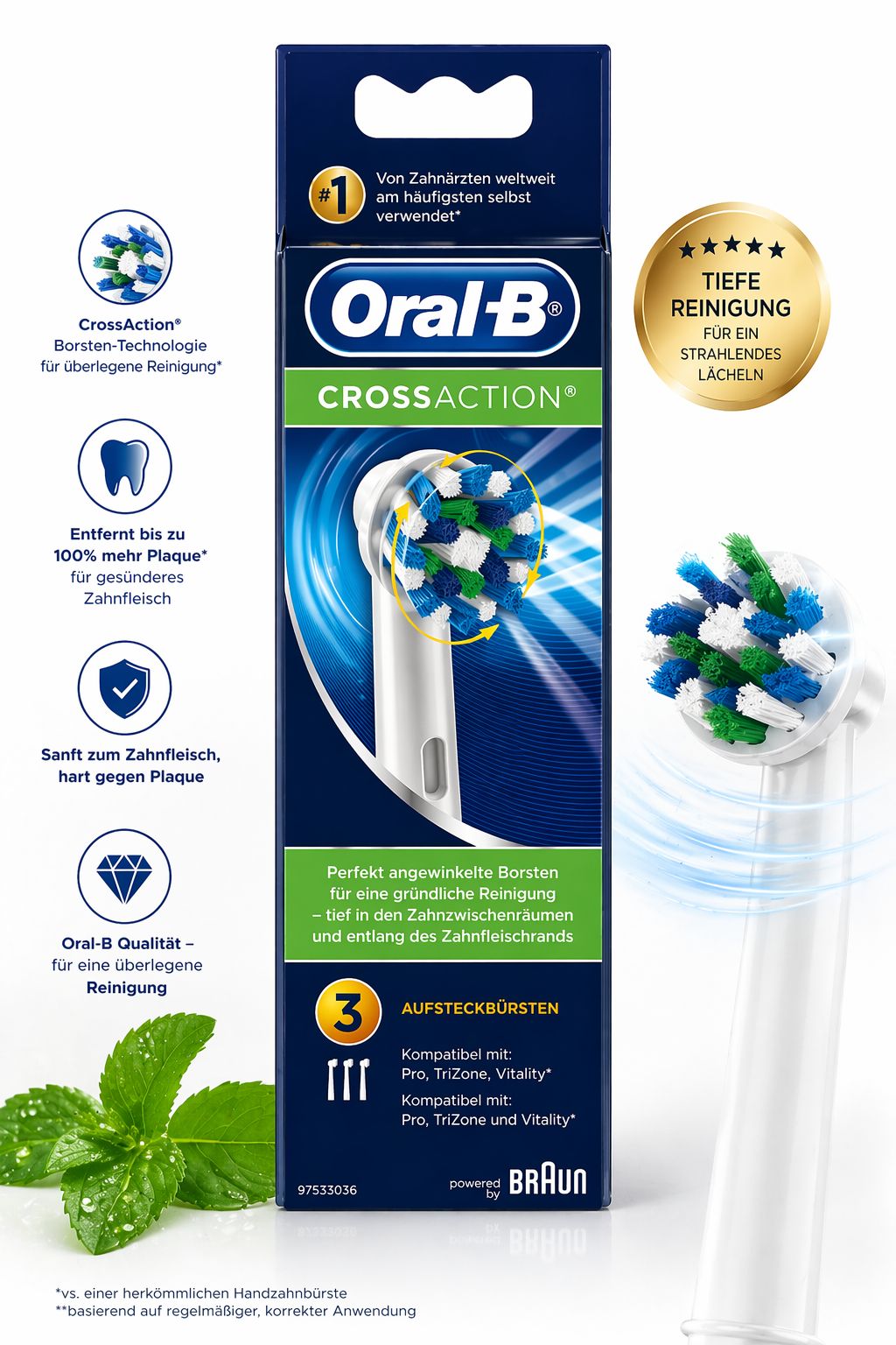 Braun Oral-B CrossAction Aufsteckbürsten, 3 Stück