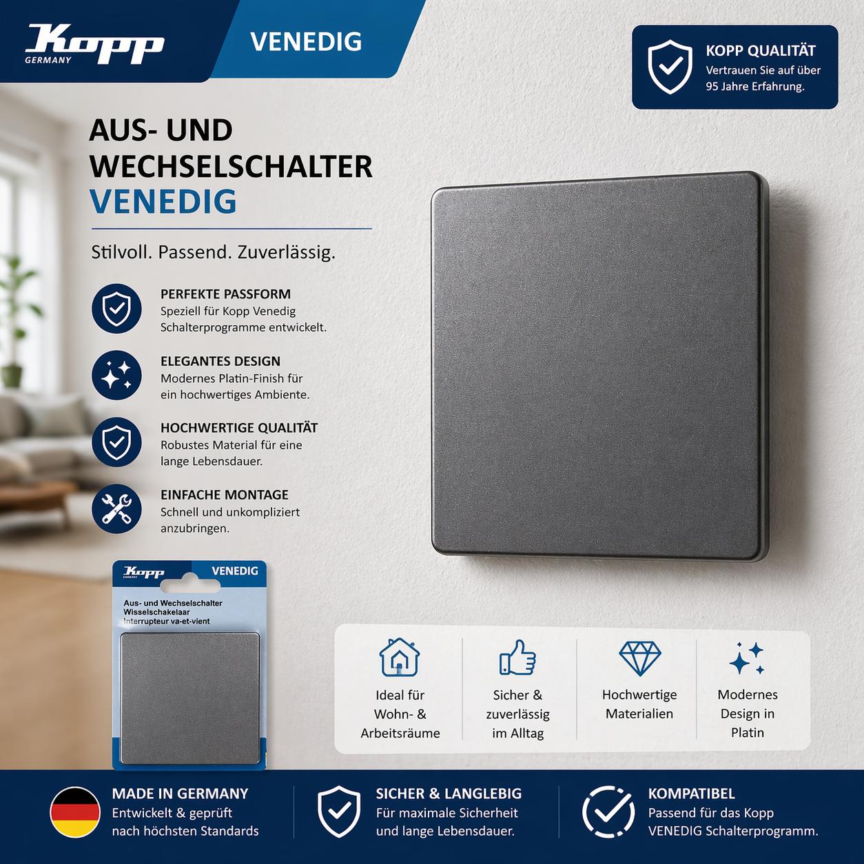 Kopp A/W-Schalter, 1 Stück, Platin, 600643083 Venedig