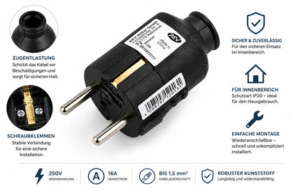 REV Ritter Schutzkontakt-Stecker Schuko 250V 16A wiederanschließbar Kabelstecker