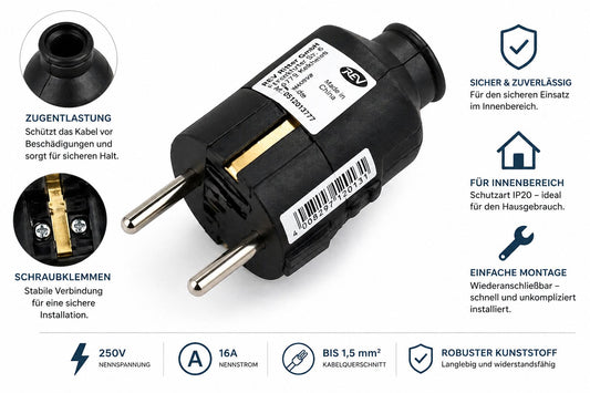 REV Ritter Schutzkontakt-Stecker Schuko 250V 16A wiederanschließbar Kabelstecker