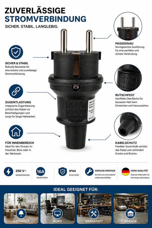 Heitech Schuko Stecker Gummi Schwarz IP44 Schutzkontakt
Stecker Gummi 3 Stück IP44 (3 Stück)