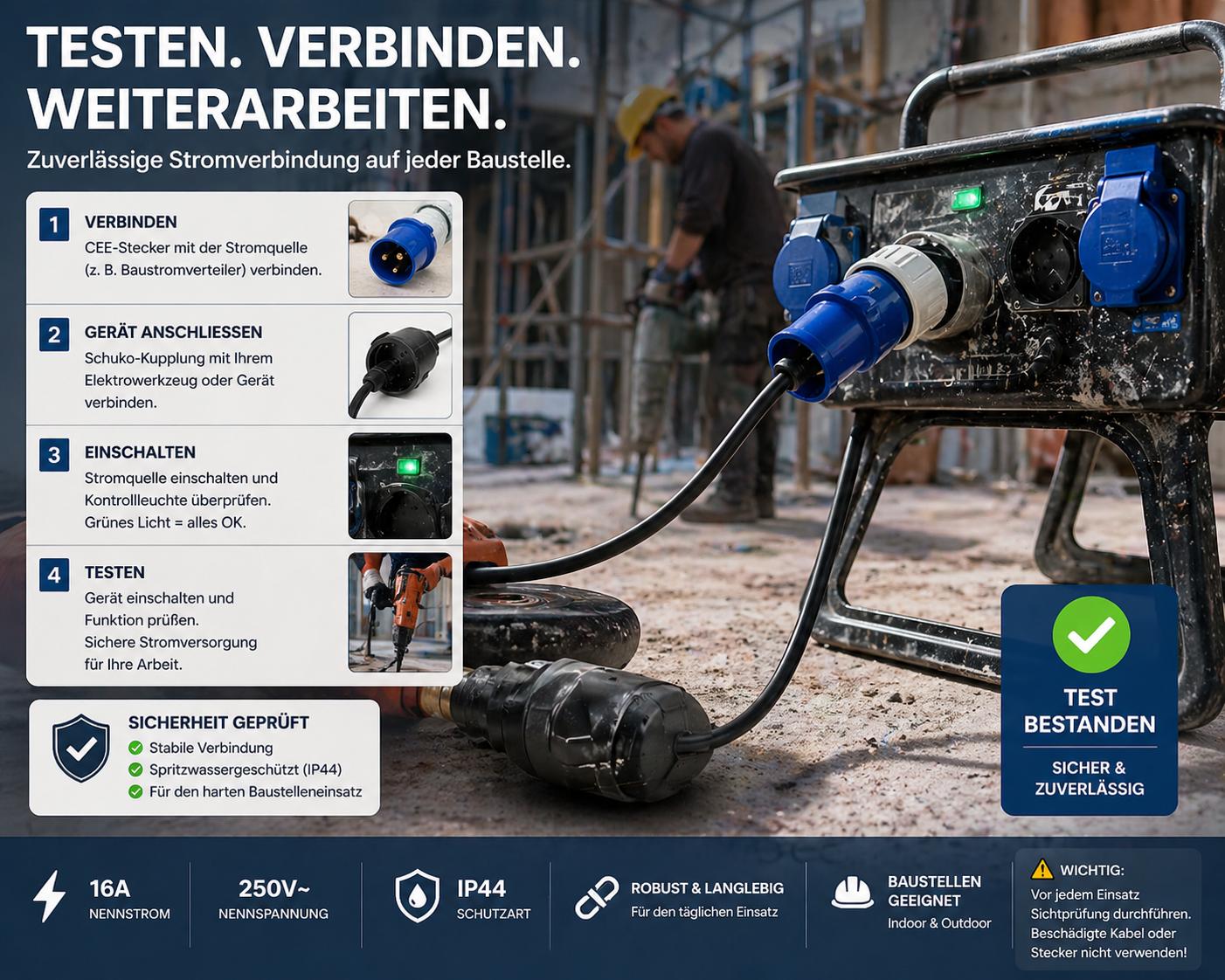 KOPP CEE-Caravan-Adapterleitung, 3-polig, 16A, Caravan-Stecker, Schutzkontakt-Kupplung, Farbe: blau
