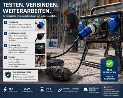 KOPP CEE-Caravan-Adapterleitung, 3-polig, 16A, Caravan-Stecker, Schutzkontakt-Kupplung, Farbe: blau
