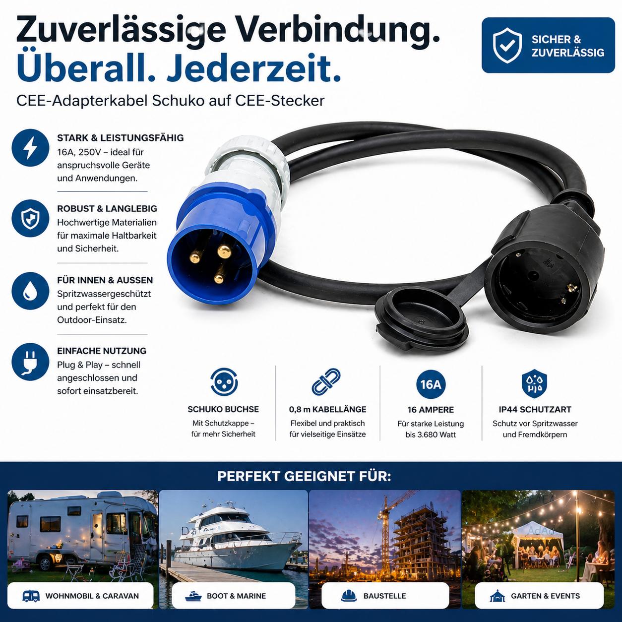 KOPP CEE-Caravan-Adapterleitung, 3-polig, 16A, Caravan-Stecker, Schutzkontakt-Kupplung, Farbe: blau
