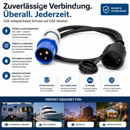 KOPP CEE-Caravan-Adapterleitung, 3-polig, 16A, Caravan-Stecker, Schutzkontakt-Kupplung, Farbe: blau