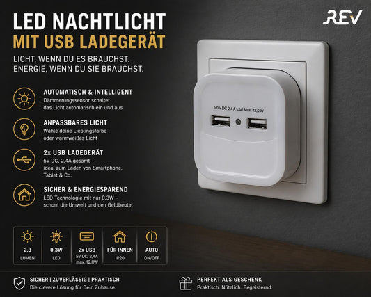 REV LED-Nachtlicht mit USB-LADEGERÄT