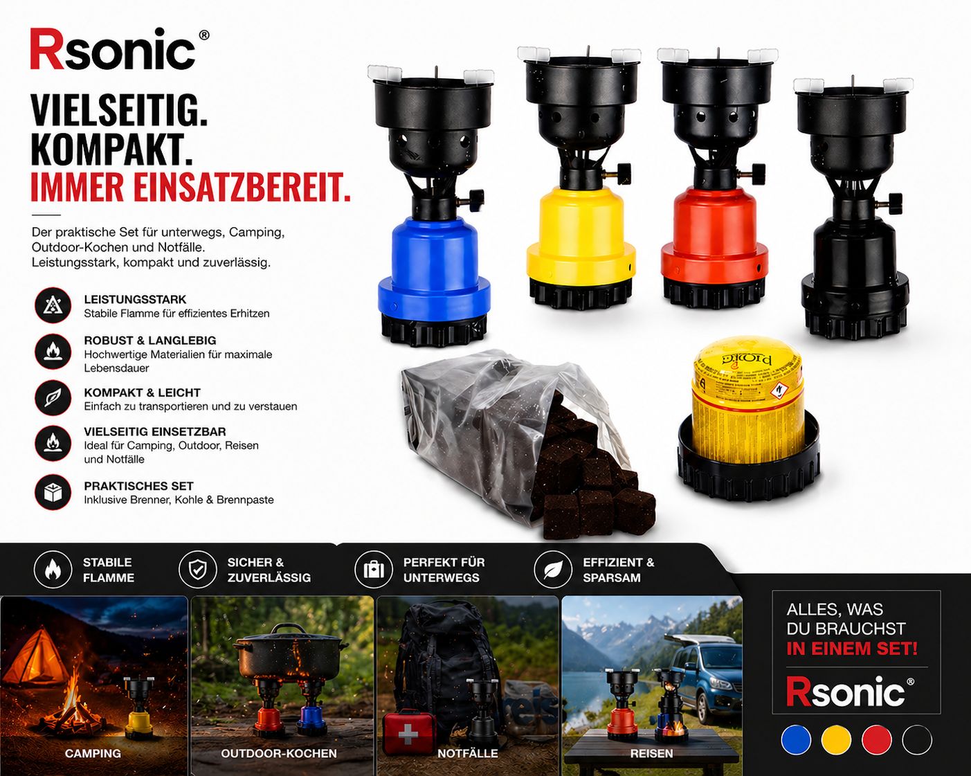 Rsonic Gaskocher inkl. 1 kg Kohle & 1 Gaskartusche 190gr