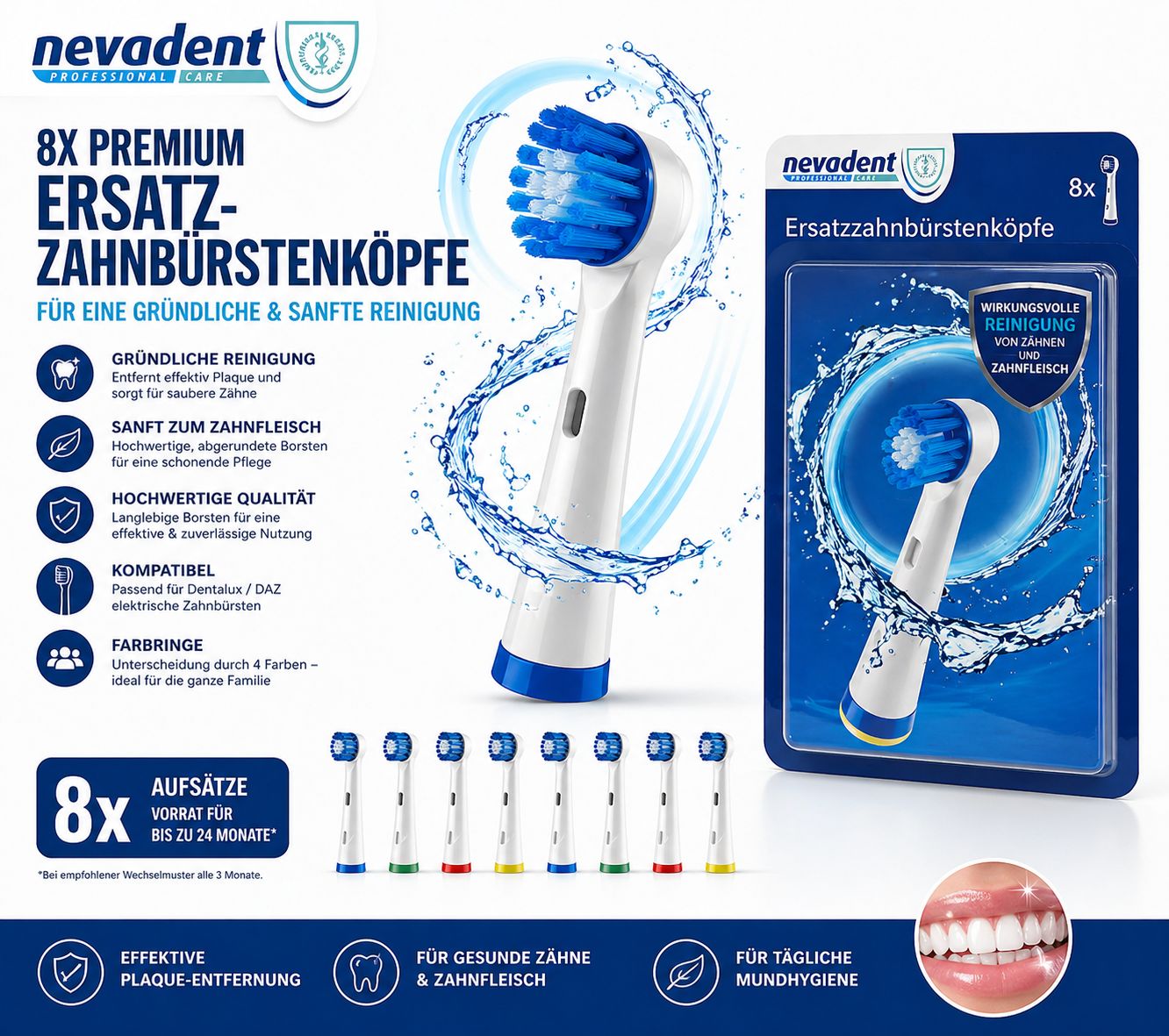 Nevadent Ersatz-Zahnbürstenköpfe 8er Set kompatibel Dentalux / DAZ – Reinigung & Pflege