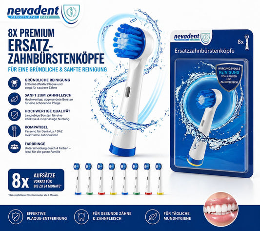 Nevadent Ersatz-Zahnbürstenköpfe 8er Set kompatibel Dentalux / DAZ – Reinigung & Pflege