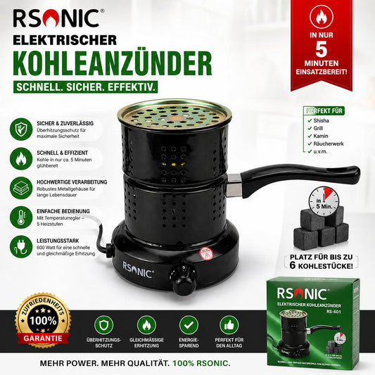 RSONIC Elektrischer Kohleanzünder RS-601 – Schnell, Sicher & Leistungsstark | Shisha, Grill & Outdoor + 1Kg Kohle