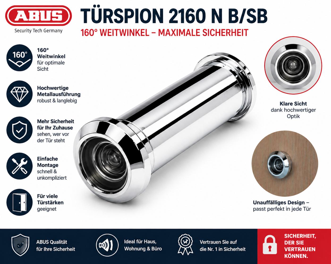 ABUS Türspion 2160 N B/SB Weitwinkel 160°, Türspion, Sicherheits-Spion