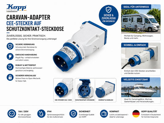 Kopp Caravan-Adapter – CEE-Stecker auf Schutzkontakt-Steckdose