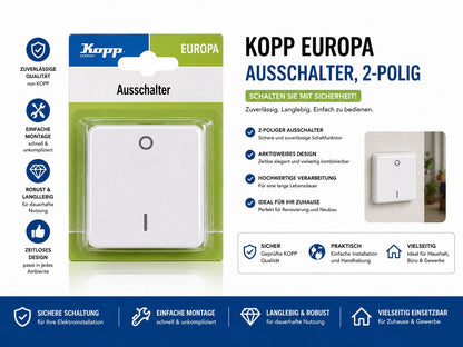 Kopp EUROPA Ausschalter 2-polig – Arktisweiß | Hochwertiger Lichtschalter für Zuhause & Gewerbe