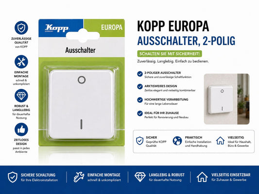 Kopp EUROPA Ausschalter 2-polig – Arktisweiß | Hochwertiger Lichtschalter für Zuhause & Gewerbe