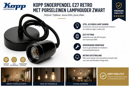 Kopp snoerpendel E27 retro met porseleinen lamphouder zwart