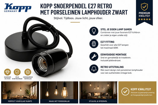 Kopp snoerpendel E27 retro met porseleinen lamphouder zwart