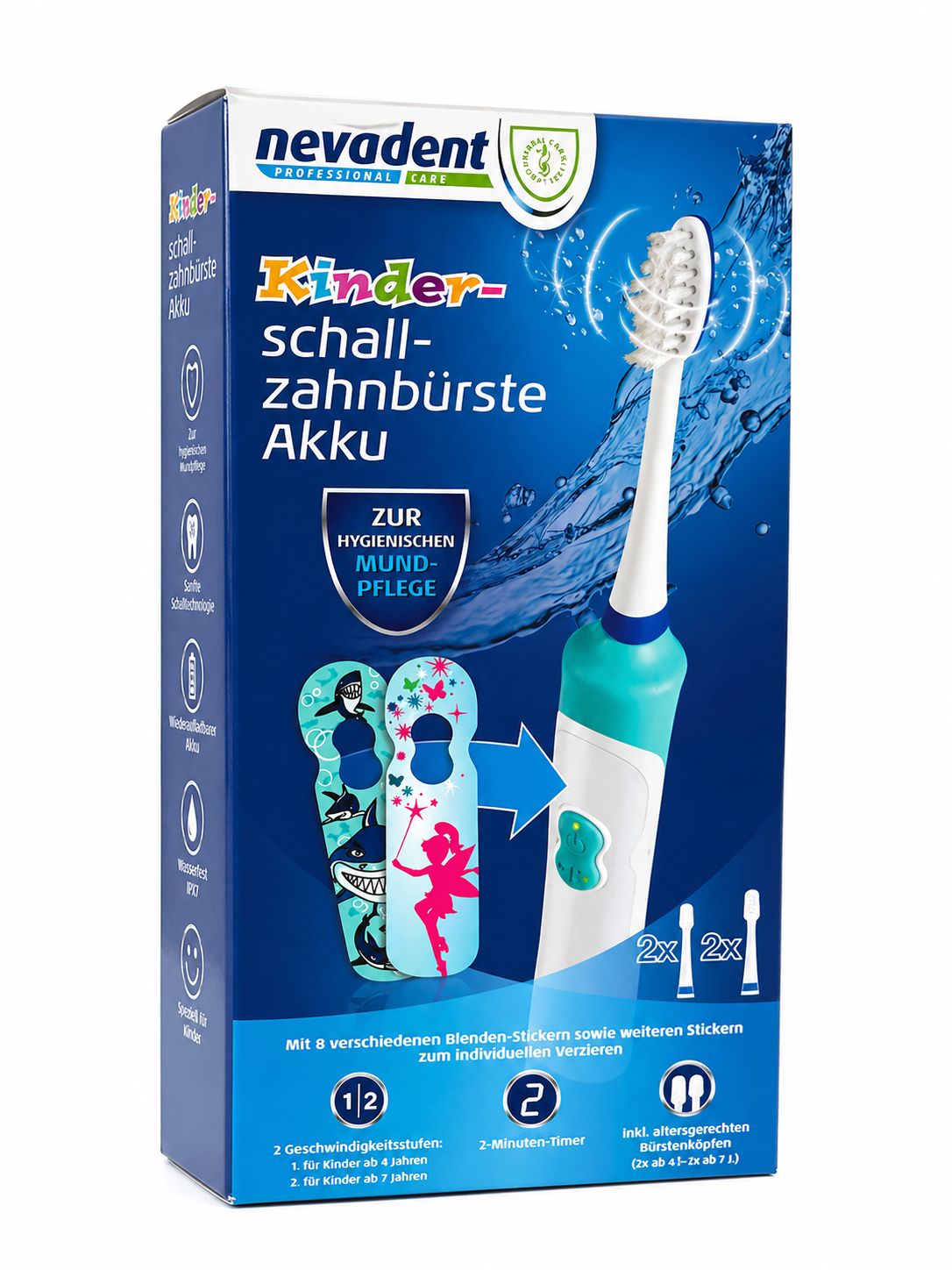 Nevadent Kinder Akku Schallzahnbürste inkl Bürstenköpfen und Stickern