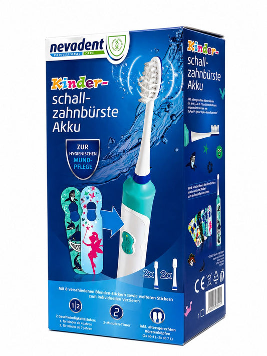 Nevadent Kinder Akku Schallzahnbürste inkl Bürstenköpfen und Stickern