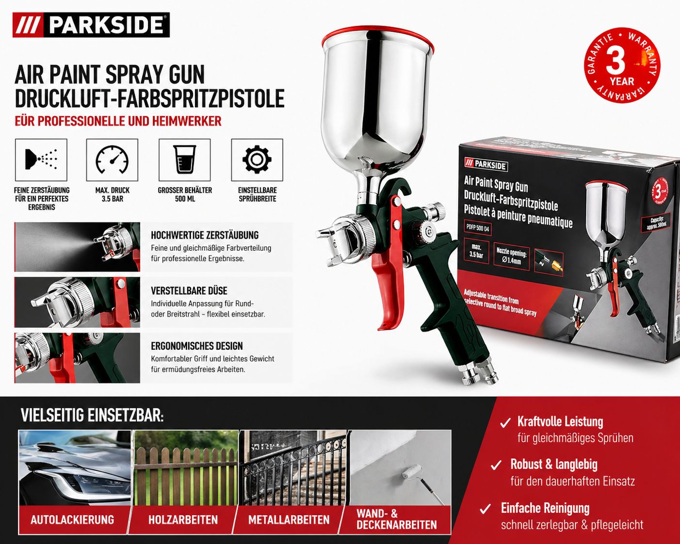 Druckluft-Farbspritzpistole 3,5 bar Niederdrucktechnik schneller Sprühnebel