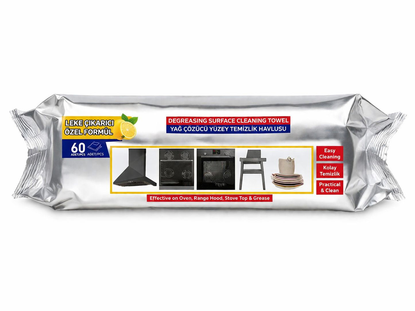 Grease Remover Cleaning Cloths, XL Strong & Large Wipes, with White Vinegar & Soda, Lemon Fragrance, Removes Grease & Dirt, Natural & Chemical Free, for Kitchen Stove & Oven, Pack of 60 (1)