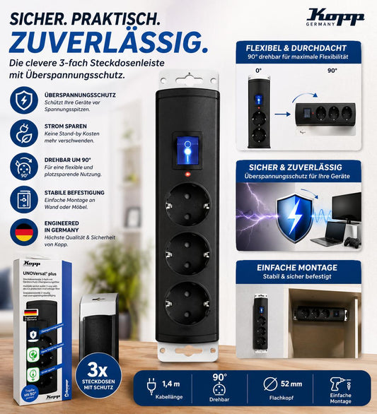 UNOversal Plus 3-fach Steckdosenleiste mit Überspannungsschutz, Schalter, 1,4 m Kabel, 16A, anthrazit