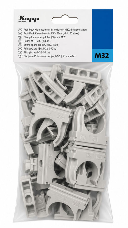KOPP Klemmschelle zur Befestigung von starren Isolierrohren Ø 29,4 mm (M32), selbstverlöschend, Farbe: grau, Profi-Pack: Inhalt: 50 Stück