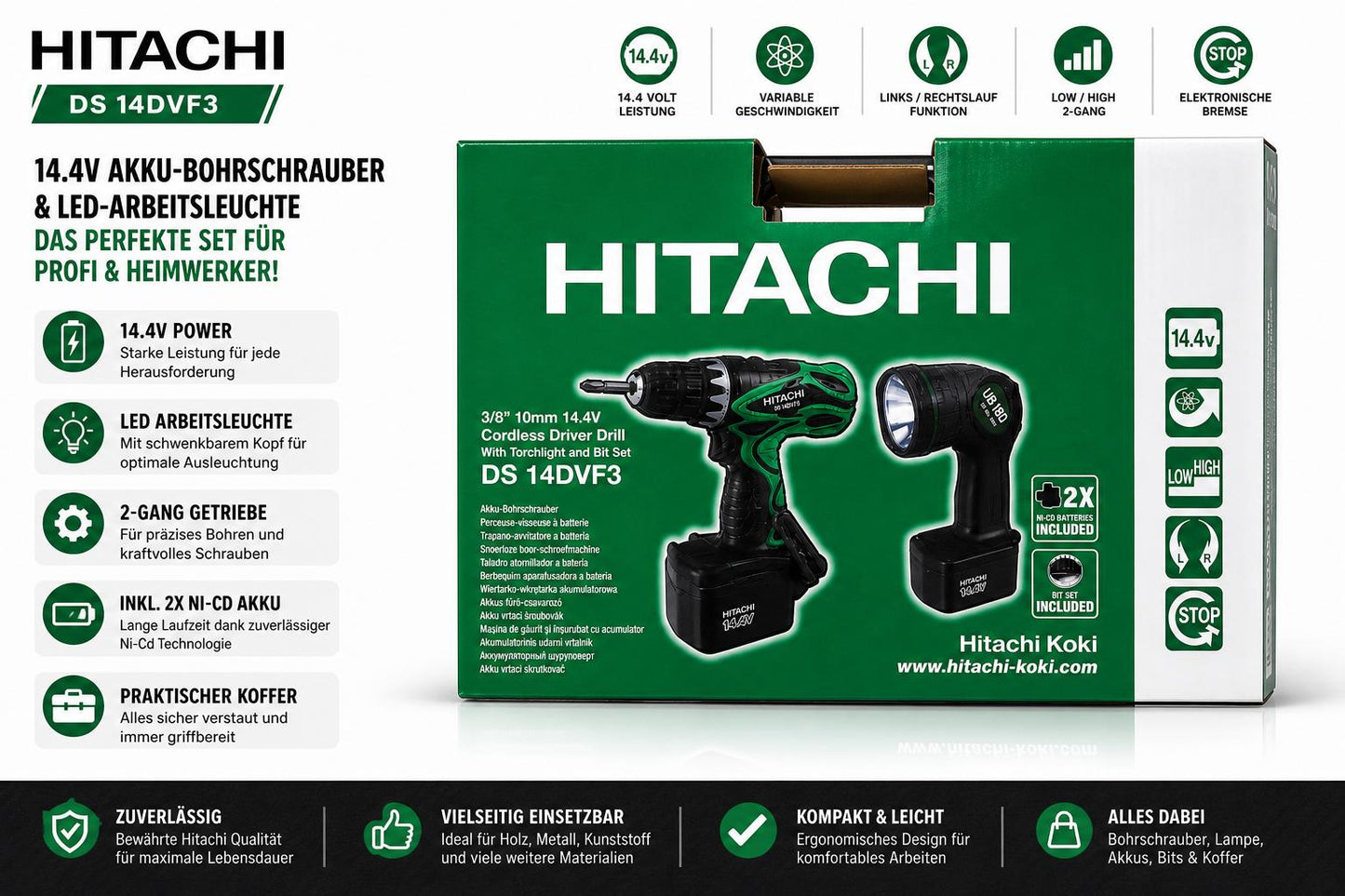 Hitachi DS14DVF3 Akkubohrschrauber-Set 14.4 V inkl. Lampe & Koffer