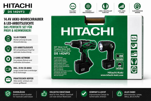 Hitachi DS14DVF3 Akkubohrschrauber-Set 14.4 V inkl. Lampe & Koffer